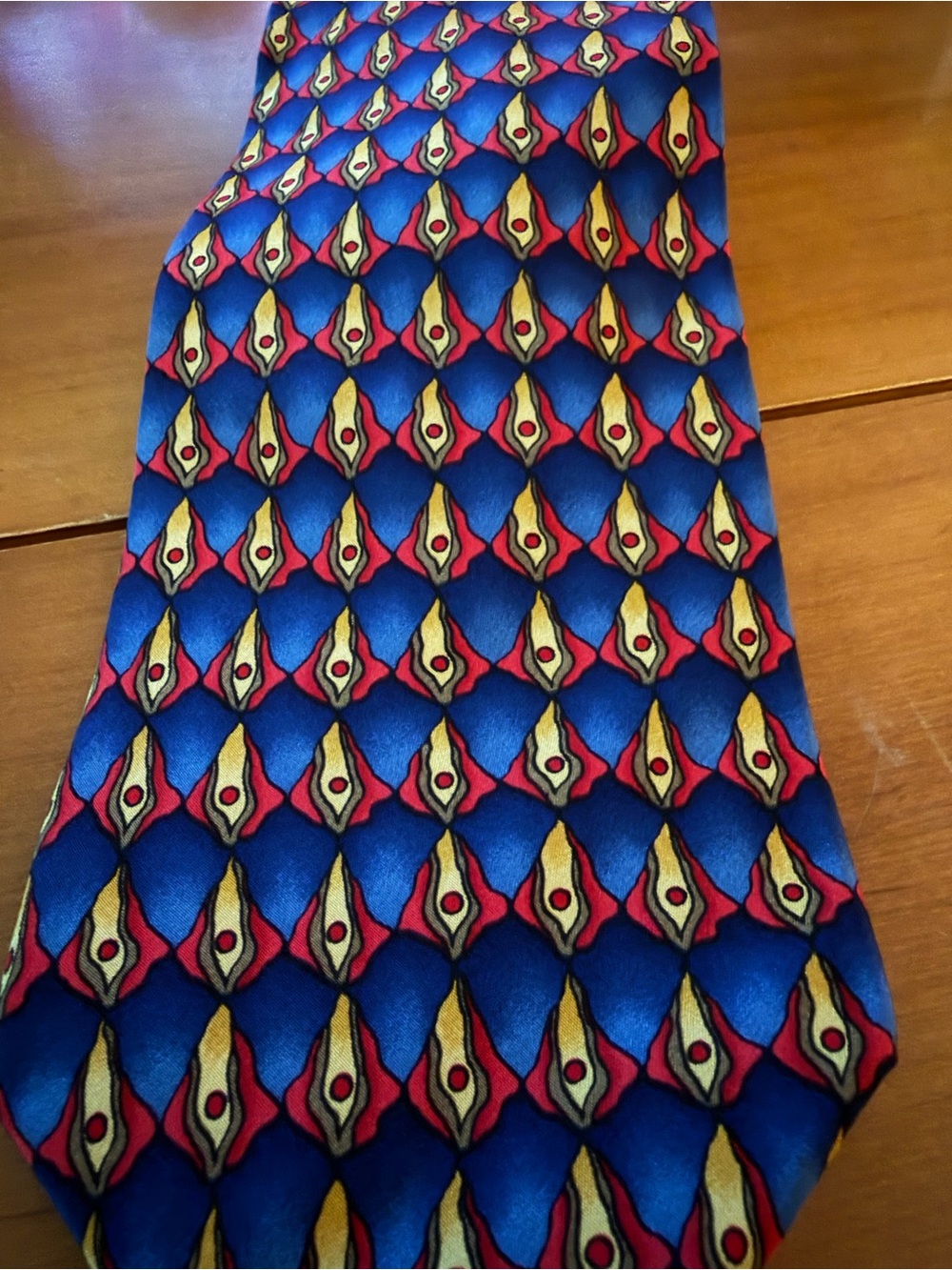 VTG J. Garcia Men's Blue Patterned Silk Tie with Red and Yellow Accent
